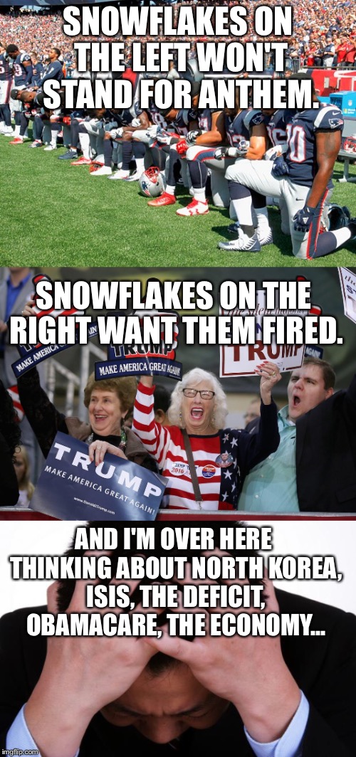 It's a winter storm! | SNOWFLAKES ON THE LEFT WON'T STAND FOR ANTHEM. SNOWFLAKES ON THE RIGHT WANT THEM FIRED. AND I'M OVER HERE THINKING ABOUT NORTH KOREA, ISIS, THE DEFICIT, OBAMACARE, THE ECONOMY... | image tagged in nfl,take a knee | made w/ Imgflip meme maker