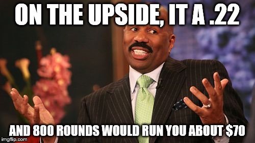 Steve Harvey Meme | ON THE UPSIDE, IT A .22 AND 800 ROUNDS WOULD RUN YOU ABOUT $70 | image tagged in memes,steve harvey | made w/ Imgflip meme maker