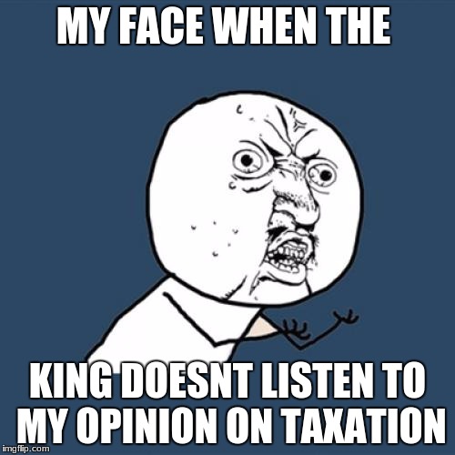 Y U No Meme |  MY FACE WHEN THE; KING DOESNT LISTEN TO MY OPINION ON TAXATION | image tagged in memes,y u no | made w/ Imgflip meme maker