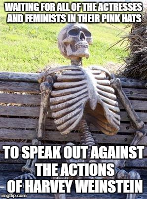 where are they? | WAITING FOR ALL OF THE ACTRESSES AND FEMINISTS IN THEIR PINK HATS; TO SPEAK OUT AGAINST THE ACTIONS OF HARVEY WEINSTEIN | image tagged in memes,waiting skeleton,feminists,liberals,stupid liberals | made w/ Imgflip meme maker