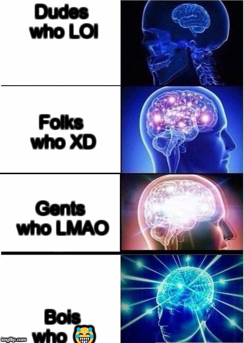 A funny topic | Dudes who LOl; Folks who XD; Gents who LMAO; Bois who 😂 | image tagged in expanding brain | made w/ Imgflip meme maker