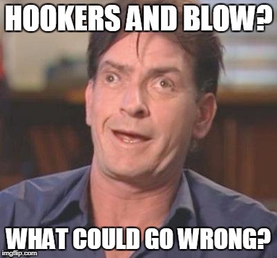 Charlie Sheen DERP | HOOKERS AND BLOW? WHAT COULD GO WRONG? | image tagged in charlie sheen derp | made w/ Imgflip meme maker
