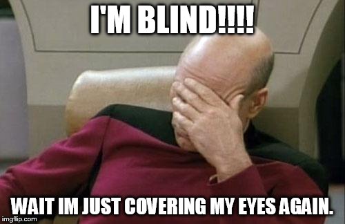 Captain Picard Facepalm Meme | I'M BLIND!!!! WAIT IM JUST COVERING MY EYES AGAIN. | image tagged in memes,captain picard facepalm | made w/ Imgflip meme maker