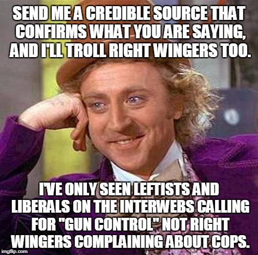 Creepy Condescending Wonka Meme | SEND ME A CREDIBLE SOURCE THAT CONFIRMS WHAT YOU ARE SAYING, AND I'LL TROLL RIGHT WINGERS TOO. I'VE ONLY SEEN LEFTISTS AND LIBERALS ON THE I | image tagged in memes,creepy condescending wonka | made w/ Imgflip meme maker