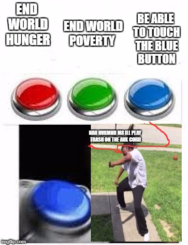 Red Green Blue Buttons | END WORLD HUNGER; BE ABLE TO TOUCH THE BLUE BUTTON; END WORLD
 POVERTY; NAH NVRMND M8 ILL PLAY TRASH ON THE AUX CORD | image tagged in red green blue buttons | made w/ Imgflip meme maker