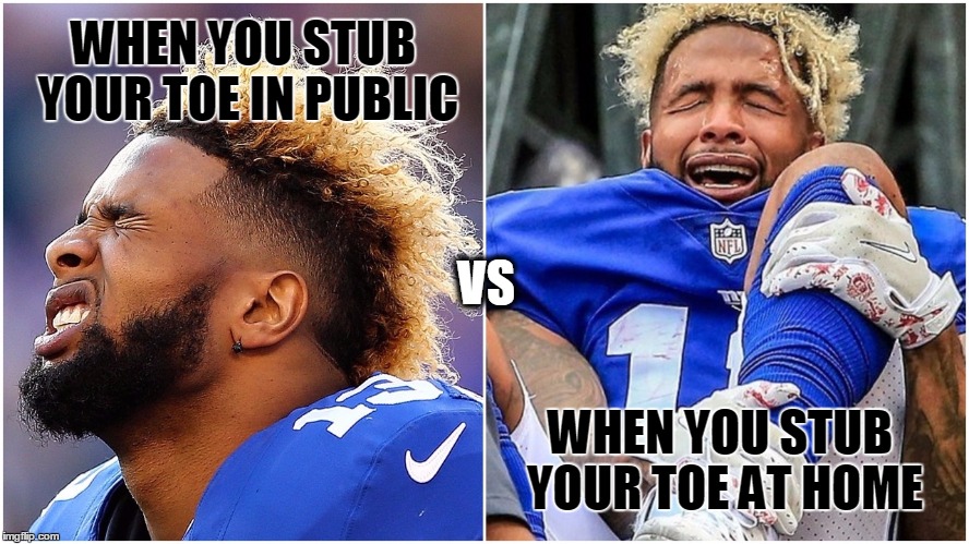 WHEN YOU STUB YOUR TOE IN PUBLIC; VS; WHEN YOU STUB YOUR TOE AT HOME | image tagged in odell beckham crying | made w/ Imgflip meme maker