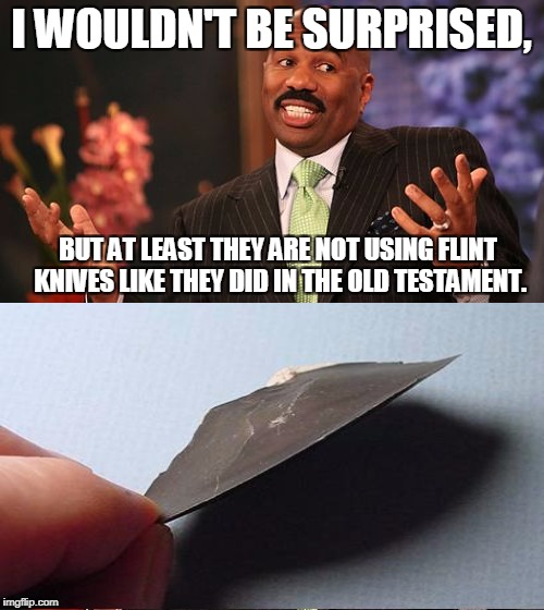 I WOULDN'T BE SURPRISED, BUT AT LEAST THEY ARE NOT USING FLINT KNIVES LIKE THEY DID IN THE OLD TESTAMENT. | made w/ Imgflip meme maker
