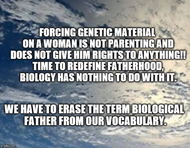 Parenthood | FORCING GENETIC MATERIAL ON A WOMAN IS NOT PARENTING AND DOES NOT GIVE HIM RIGHTS TO ANYTHING!! TIME TO REDEFINE FATHERHOOD, BIOLOGY HAS NOTHING TO DO WITH IT. WE HAVE TO ERASE THE TERM BIOLOGICAL FATHER FROM OUR VOCABULARY. | image tagged in biological parent,rape,custody | made w/ Imgflip meme maker