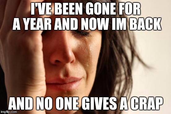 First World Problems | I'VE BEEN GONE FOR A YEAR AND NOW IM BACK; AND NO ONE GIVES A CRAP | image tagged in memes,first world problems | made w/ Imgflip meme maker