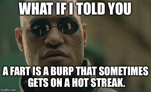 A fart is a burp that sometimes gets on a hot streak | WHAT IF I TOLD YOU; A FART IS A BURP THAT SOMETIMES GETS ON A HOT STREAK. | image tagged in memes,matrix morpheus,fire fart,shit,toilet humor,burp | made w/ Imgflip meme maker