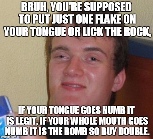 10 Guy Meme | BRUH, YOU'RE SUPPOSED TO PUT JUST ONE FLAKE ON YOUR TONGUE OR LICK THE ROCK, IF YOUR TONGUE GOES NUMB IT IS LEGIT, IF YOUR WHOLE MOUTH GOES  | image tagged in memes,10 guy | made w/ Imgflip meme maker