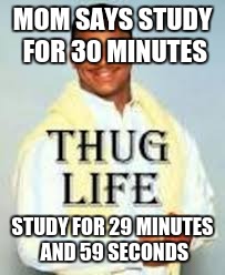 MOM SAYS STUDY FOR 30 MINUTES; STUDY FOR 29 MINUTES AND 59 SECONDS | image tagged in thug life | made w/ Imgflip meme maker