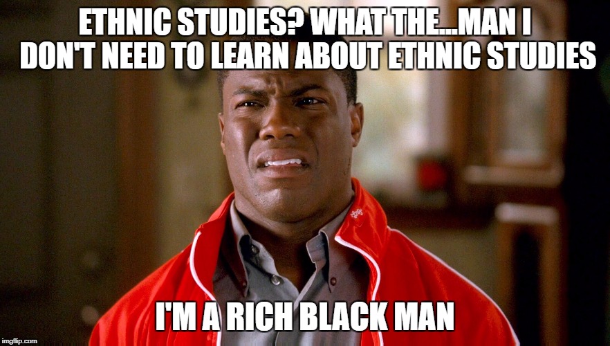 Kevin Hart and Ethnics | ETHNIC STUDIES? WHAT THE...MAN I DON'T NEED TO LEARN ABOUT ETHNIC STUDIES; I'M A RICH BLACK MAN | image tagged in kevin hart | made w/ Imgflip meme maker