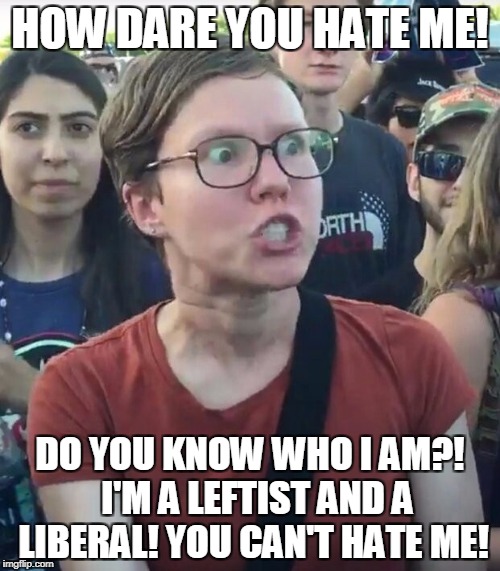 Comeuppance Shock | HOW DARE YOU HATE ME! DO YOU KNOW WHO I AM?!  I'M A LEFTIST AND A LIBERAL! YOU CAN'T HATE ME! | image tagged in super_triggered | made w/ Imgflip meme maker