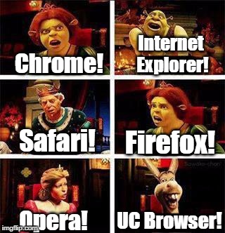 Browser Wars: Which web browser will dominate the world? | Internet Explorer! Chrome! Safari! Firefox! UC Browser! Opera! | image tagged in shrek,internet explorer,google chrome,firefox,safari,opera | made w/ Imgflip meme maker