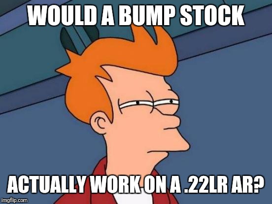 Futurama Fry Meme | WOULD A BUMP STOCK ACTUALLY WORK ON A .22LR AR? | image tagged in memes,futurama fry | made w/ Imgflip meme maker
