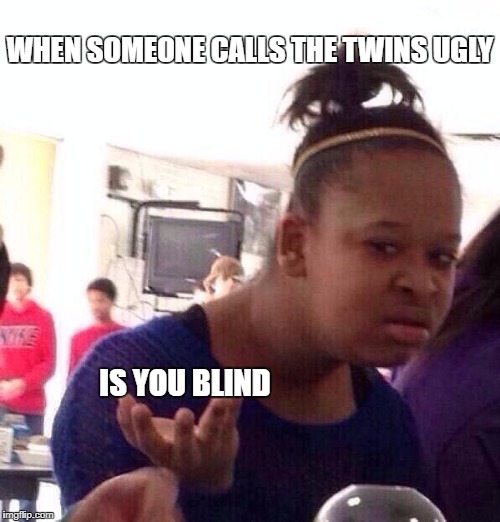 Black Girl Wat | WHEN SOMEONE CALLS THE TWINS UGLY; IS YOU BLIND | image tagged in memes,black girl wat | made w/ Imgflip meme maker