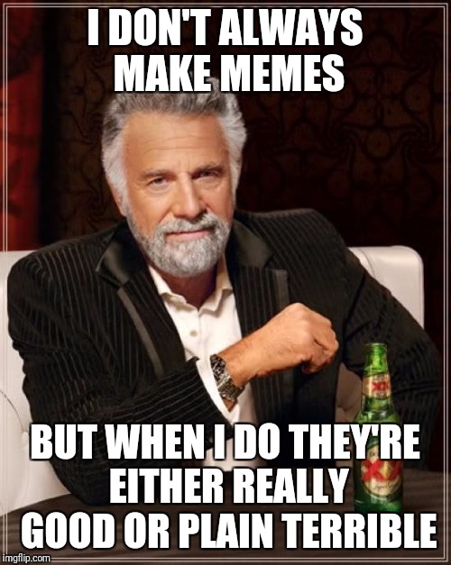 The Most Interesting Man In The World Meme | I DON'T ALWAYS MAKE MEMES; BUT WHEN I DO THEY'RE EITHER REALLY GOOD OR PLAIN TERRIBLE | image tagged in memes,the most interesting man in the world | made w/ Imgflip meme maker