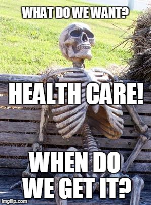 Waiting Skeleton | WHAT DO WE WANT? HEALTH CARE! WHEN DO WE GET IT? | image tagged in memes,waiting skeleton | made w/ Imgflip meme maker