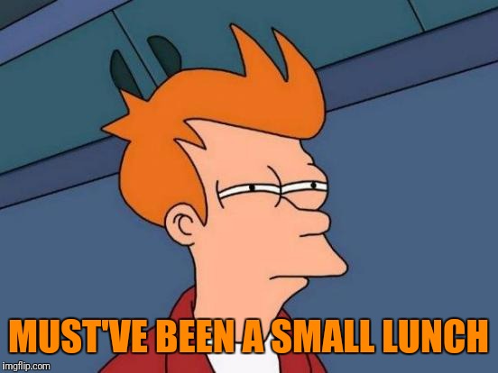 Futurama Fry Meme | MUST'VE BEEN A SMALL LUNCH | image tagged in memes,futurama fry | made w/ Imgflip meme maker
