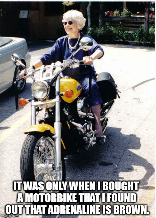 Granny Motorbike | IT WAS ONLY WHEN I BOUGHT A MOTORBIKE THAT I FOUND OUT THAT ADRENALINE IS BROWN. | image tagged in granny motorbike | made w/ Imgflip meme maker