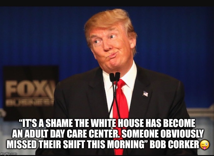 Corked By Bob | “IT'S A SHAME THE WHITE HOUSE HAS BECOME AN ADULT DAY CARE CENTER. SOMEONE OBVIOUSLY MISSED THEIR SHIFT THIS MORNING” BOB CORKER😜 | image tagged in donald trump,bob corker | made w/ Imgflip meme maker