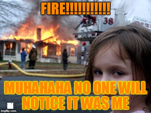 Disaster Girl Meme | FIRE!!!!!!!!!!! MUHAHAHA NO ONE WILL NOTICE IT WAS ME | image tagged in memes,disaster girl | made w/ Imgflip meme maker