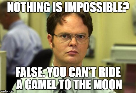 Dwight Schrute | NOTHING IS IMPOSSIBLE? FALSE. YOU CAN'T RIDE A CAMEL TO THE MOON | image tagged in memes,dwight schrute,funny | made w/ Imgflip meme maker