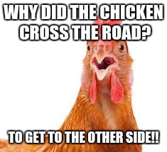 old jokes chicken | WHY DID THE CHICKEN CROSS THE ROAD? TO GET TO THE OTHER SIDE!! | image tagged in chicken | made w/ Imgflip meme maker