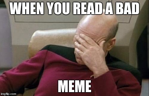 Captain Picard Facepalm | WHEN YOU READ A BAD; MEME | image tagged in memes,captain picard facepalm | made w/ Imgflip meme maker