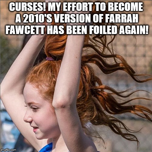 Francesca Capaldi's Ponytail |  CURSES! MY EFFORT TO BECOME A 2010'S VERSION OF FARRAH FAWCETT HAS BEEN FOILED AGAIN! | image tagged in francesca capaldi's ponytail,from her instagram page,farrah fawcett,still trying to get this thing going | made w/ Imgflip meme maker