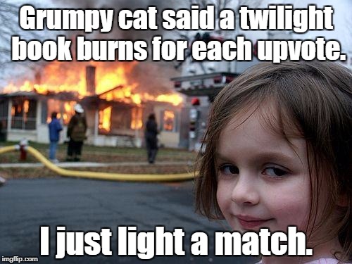 There can never be enough upvotes or lit matches... | Grumpy cat said a twilight book burns for each upvote. I just light a match. | image tagged in memes,disaster girl,twilight,grumpy cat | made w/ Imgflip meme maker