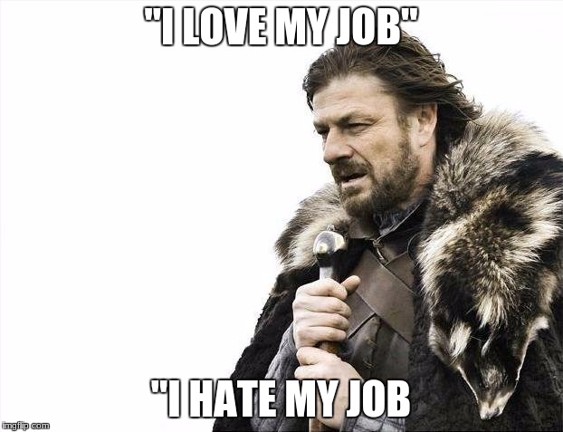 Brace Yourselves X is Coming Meme | "I LOVE MY JOB"; "I HATE MY JOB | image tagged in memes,brace yourselves x is coming | made w/ Imgflip meme maker