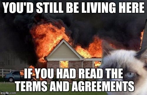 i have an obsession with terms and agreement memes | YOU'D STILL BE LIVING HERE; IF YOU HAD READ THE TERMS AND AGREEMENTS | image tagged in memes,burn kitty,grumpy cat | made w/ Imgflip meme maker