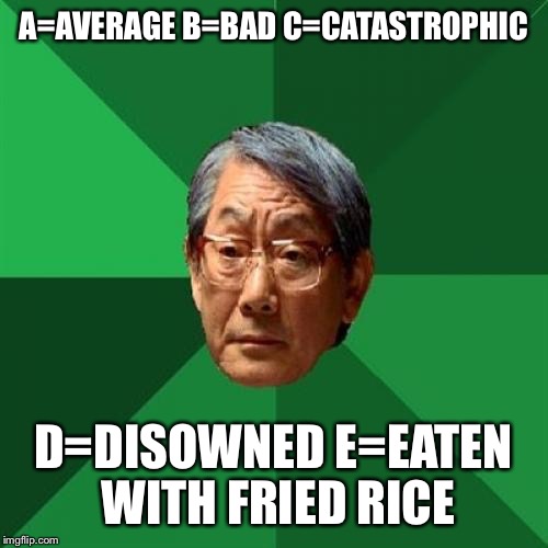 High Expectations Asian Father | A=AVERAGE
B=BAD
C=CATASTROPHIC; D=DISOWNED
E=EATEN WITH FRIED RICE | image tagged in memes,high expectations asian father | made w/ Imgflip meme maker