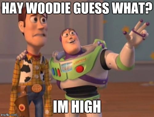 X, X Everywhere | HAY WOODIE GUESS WHAT? IM HIGH | image tagged in memes,x x everywhere | made w/ Imgflip meme maker