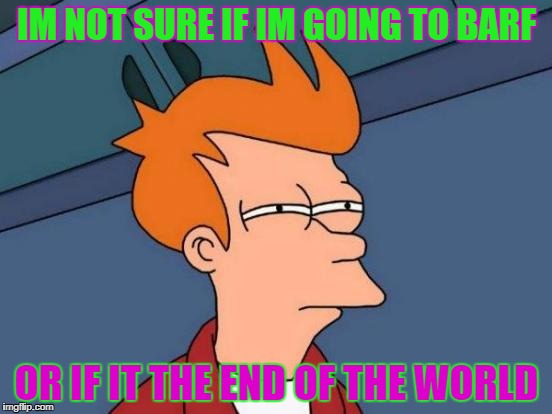Futurama Fry Meme | IM NOT SURE IF IM GOING TO BARF; OR IF IT THE END OF THE WORLD | image tagged in memes,futurama fry | made w/ Imgflip meme maker