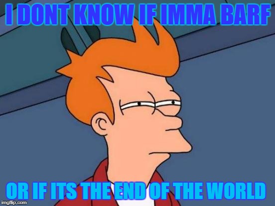 Futurama Fry Meme | I DONT KNOW IF IMMA BARF; OR IF ITS THE END OF THE WORLD | image tagged in memes,futurama fry | made w/ Imgflip meme maker