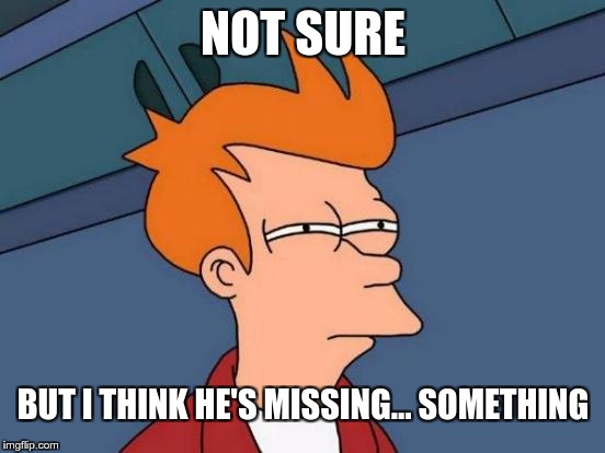 Futurama Fry Meme | NOT SURE BUT I THINK HE'S MISSING… SOMETHING | image tagged in memes,futurama fry | made w/ Imgflip meme maker