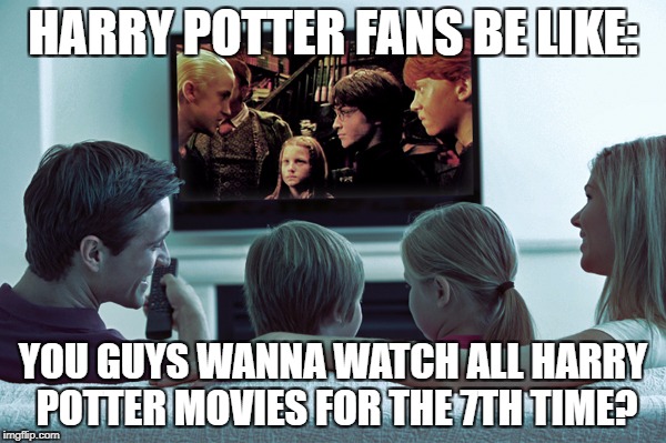 harry potter fans in a nutshell | HARRY POTTER FANS BE LIKE:; YOU GUYS WANNA WATCH ALL HARRY POTTER MOVIES FOR THE 7TH TIME? | image tagged in harry potter meme,meme,facts | made w/ Imgflip meme maker