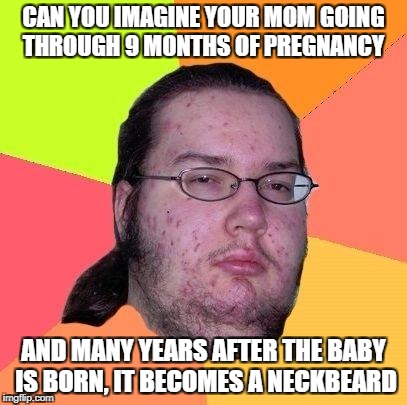 Neckbeard Libertarian | CAN YOU IMAGINE YOUR MOM GOING THROUGH 9 MONTHS OF PREGNANCY; AND MANY YEARS AFTER THE BABY IS BORN, IT BECOMES A NECKBEARD | image tagged in neckbeard libertarian | made w/ Imgflip meme maker