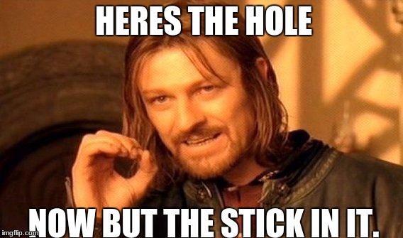 One Does Not Simply Meme | HERES THE HOLE; NOW BUT THE STICK IN IT. | image tagged in memes,one does not simply | made w/ Imgflip meme maker