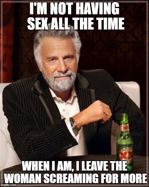 Wanna Go Ladies | I'M NOT HAVING SEX ALL THE TIME; WHEN I AM, I LEAVE THE WOMAN SCREAMING FOR MORE | image tagged in memes,the most interesting man in the world | made w/ Imgflip meme maker