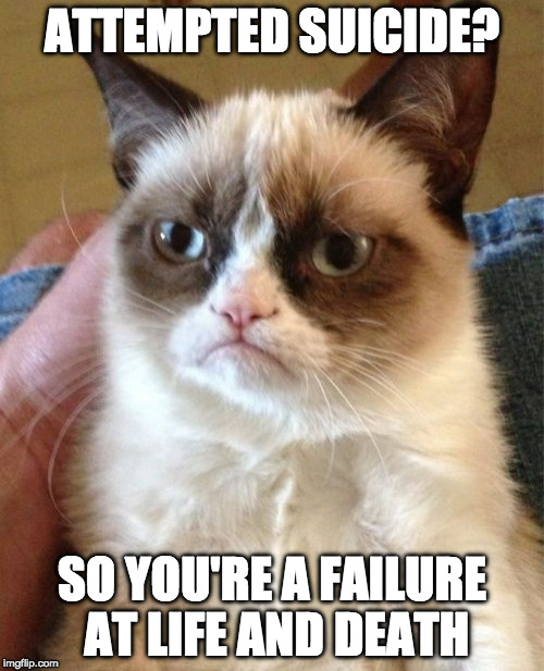 Savage Cat | ATTEMPTED SUICIDE? SO YOU'RE A FAILURE AT LIFE AND DEATH | image tagged in memes,grumpy cat,savage,suicide,life and death,iwanttobebacon | made w/ Imgflip meme maker