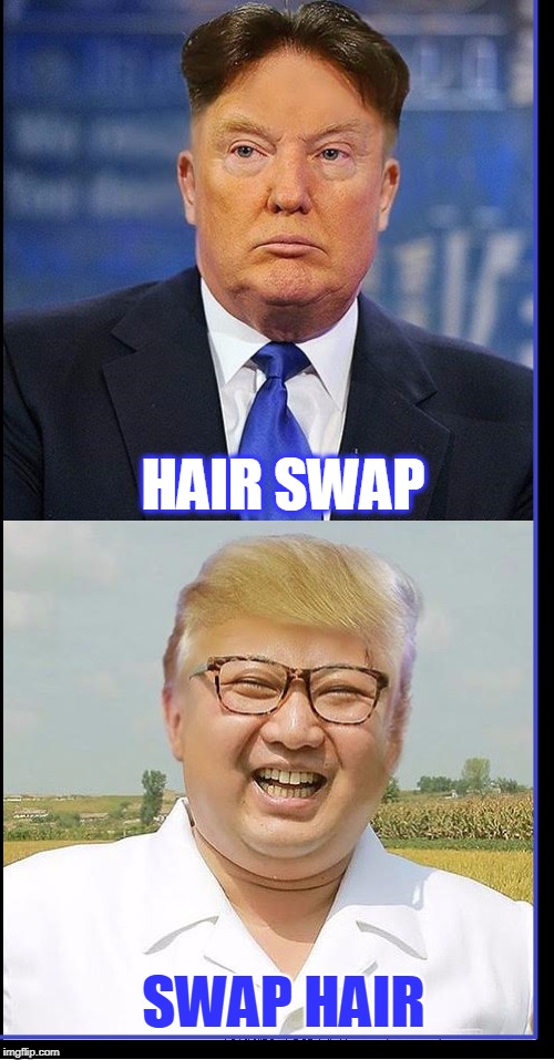 Who Would Benefit if Donald & Kim Switched Hair-dos? | HAIR SWAP; SWAP HAIR | image tagged in vince vance,donald trump,kim jong un,potus,north korea,hair | made w/ Imgflip meme maker