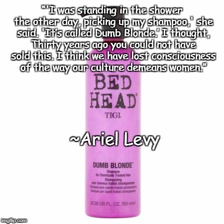 Dumb Blonde | “'I was standing in the shower the other day, picking up my shampoo,' she said. 'It’s called Dumb Blonde.’ I thought, Thirty years ago you could not have sold this. I think we have lost consciousness of the way our culture demeans women.”; ~Ariel Levy | image tagged in ariel levy,feminism,consumer culture,sexuality | made w/ Imgflip meme maker