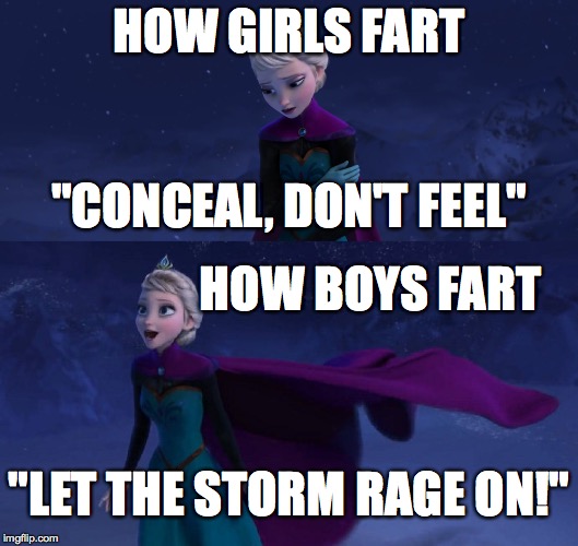 Upvote if you agree | HOW GIRLS FART; "CONCEAL, DON'T FEEL"; HOW BOYS FART; "LET THE STORM RAGE ON!" | image tagged in elsa frozen,let it go,farts,memes,funny memes,frozen | made w/ Imgflip meme maker