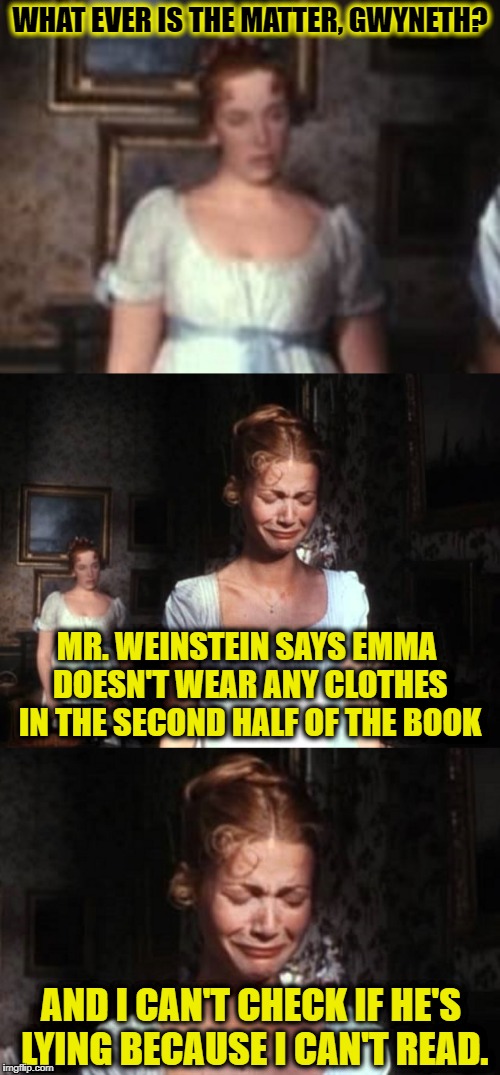 Ah Gwyneth! | WHAT EVER IS THE MATTER, GWYNETH? MR. WEINSTEIN SAYS EMMA DOESN'T WEAR ANY CLOTHES IN THE SECOND HALF OF THE BOOK; AND I CAN'T CHECK IF HE'S LYING BECAUSE I CAN'T READ. | image tagged in harvey weinstein,gwyneth paltrow,filthy so and so | made w/ Imgflip meme maker