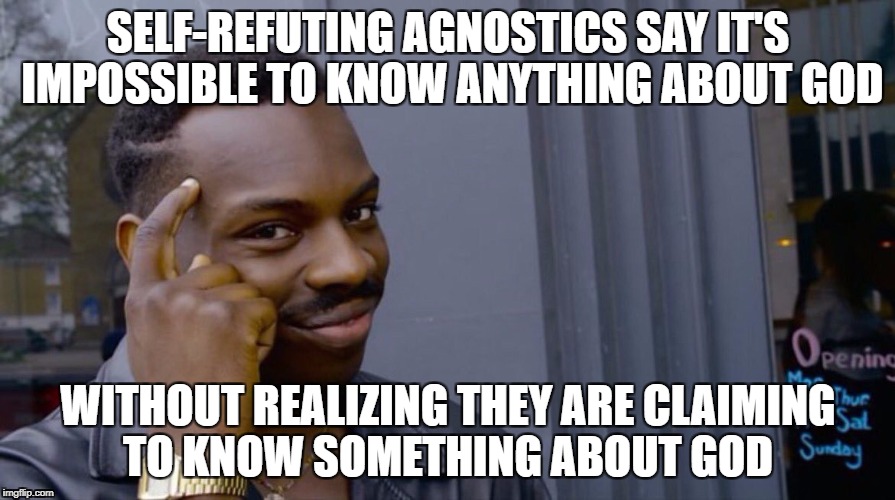 Agnostics are dumb |  SELF-REFUTING AGNOSTICS SAY IT'S IMPOSSIBLE TO KNOW ANYTHING ABOUT GOD; WITHOUT REALIZING THEY ARE CLAIMING TO KNOW SOMETHING ABOUT GOD | image tagged in smart black dude | made w/ Imgflip meme maker