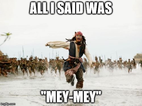 Jack Sparrow Being Chased Meme | ALL I SAID WAS; "MEY-MEY" | image tagged in memes,jack sparrow being chased | made w/ Imgflip meme maker